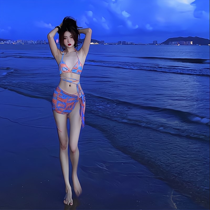 Bikini đồ bơi đi biển set 3 chi tiết có khăn quấn dây đan eo họa tiết xanh nổi bật LUHAZO phong cách Hàn Quốc 2818 F-19