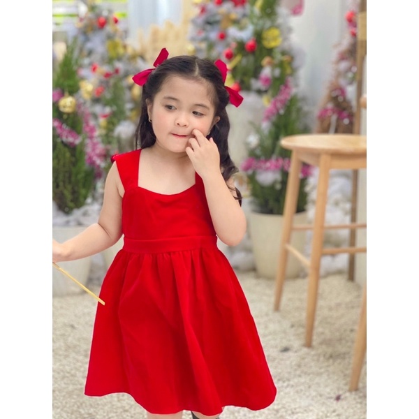 Váy đầm nhung đỏ 2 dây bản to cho bé gái 10-25kg