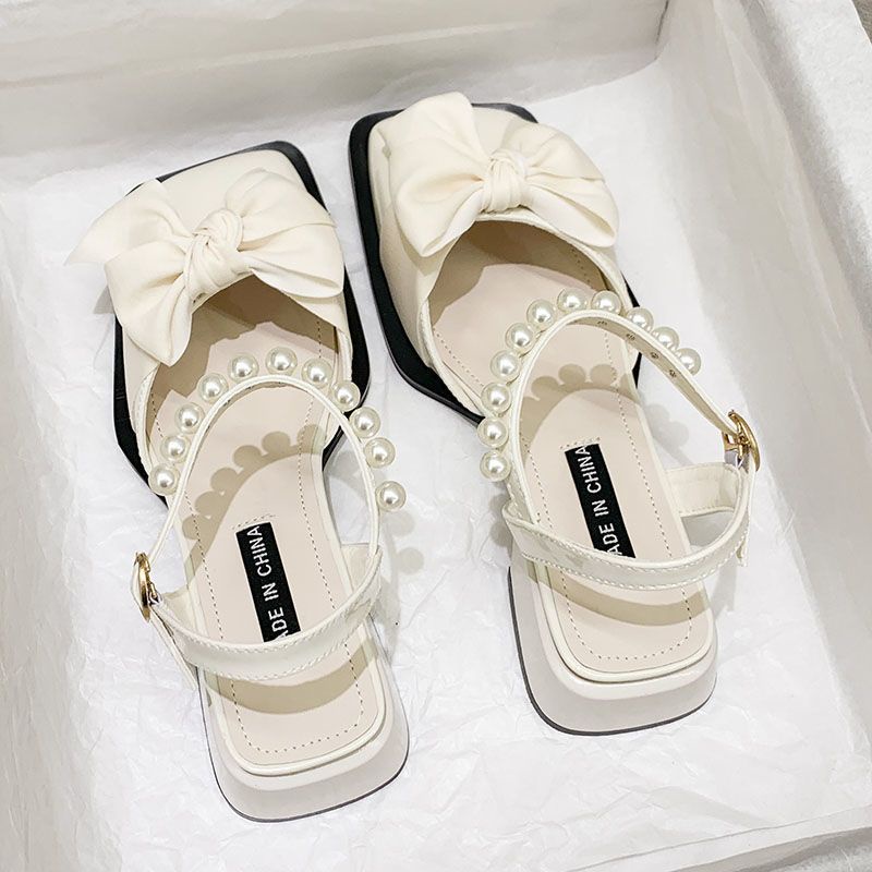 Xăng đan Cao Gót Dày Đính Nơ Ngọc Trai Thời Trang Mùa Hè Hàn Quốc Mới 2022