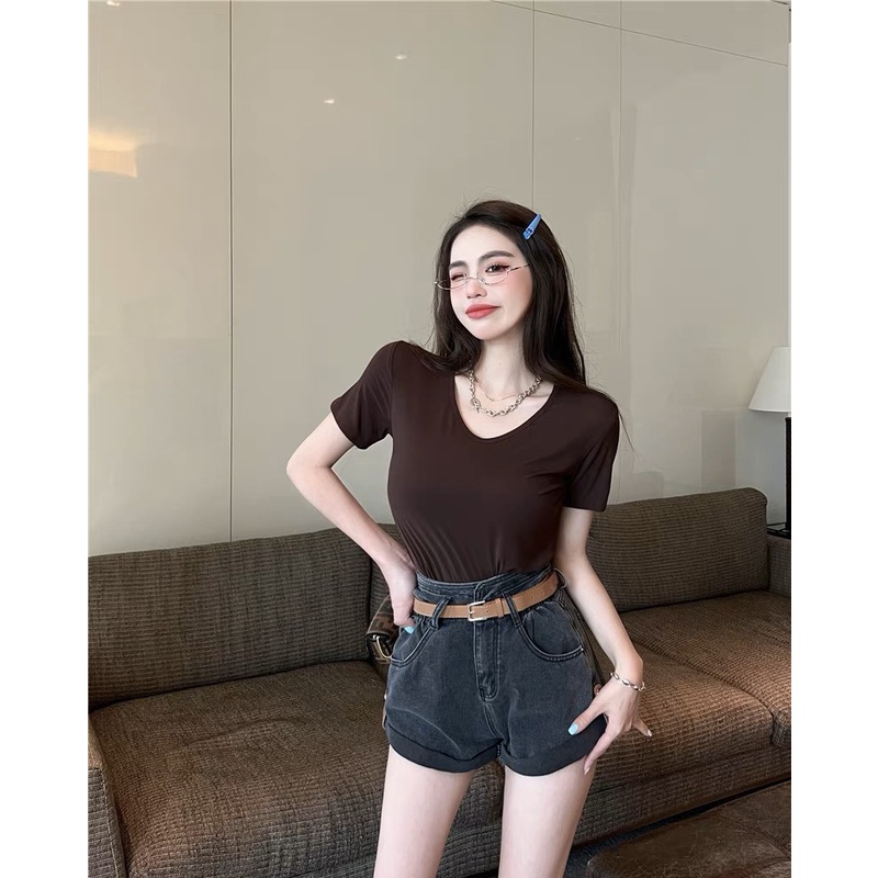 Quần sooc jean nữ gập gấu cạp cao kèm đai , quần đùi bò phong cách ullzang- Hl