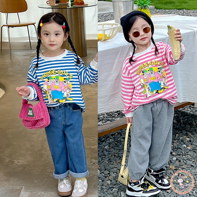 Áo Thun Tay Dài Họa Tiết Kẻ Sọc In Chữ Thời Trang Mùa Thu Cho Bé Gái