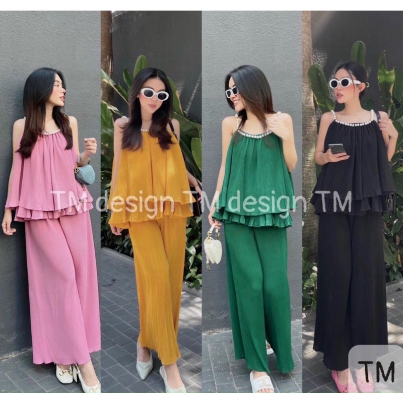 Sét bộ dập ly tầng áo 2 dây đính ngọc phối quần ống rộng dáng dài siêu đẹp -voan chiffon kèm hình thật.