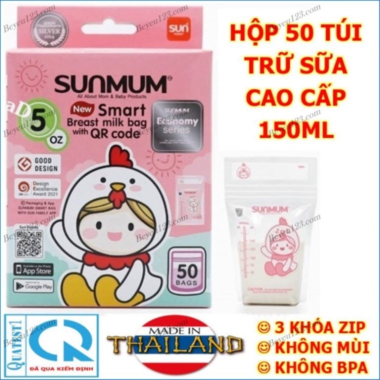 Hộp 50 túi trữ sữa Mẹ cao cấp 150ml không mùi Sunmum (Không mùi, không BPA, 3 khóa zíp chắc chắn)