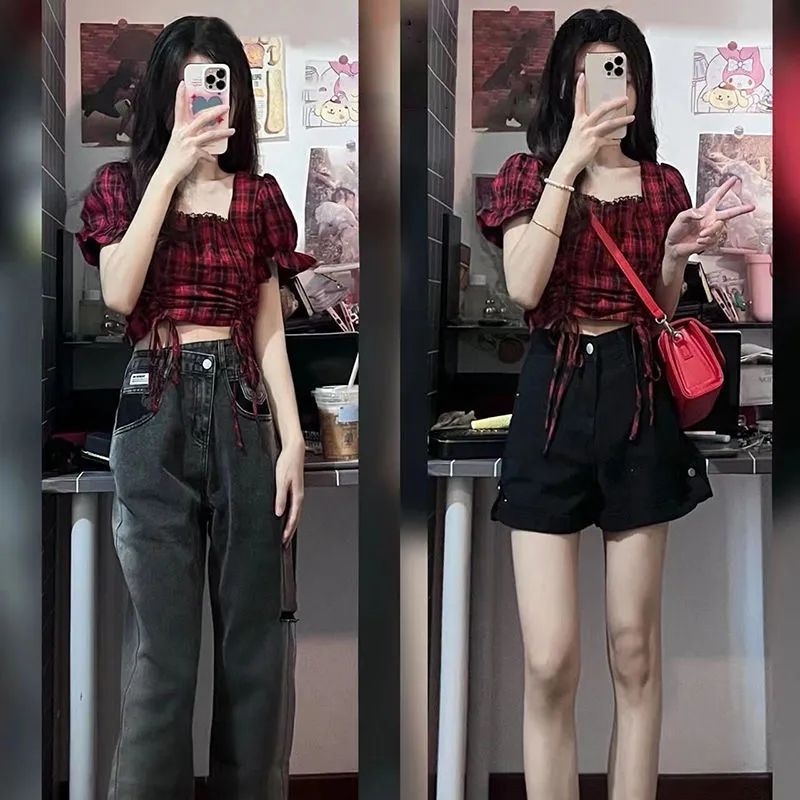 Áo Nữ Tay Ngắn Phồng Họa Tiết Caro Thời Trang