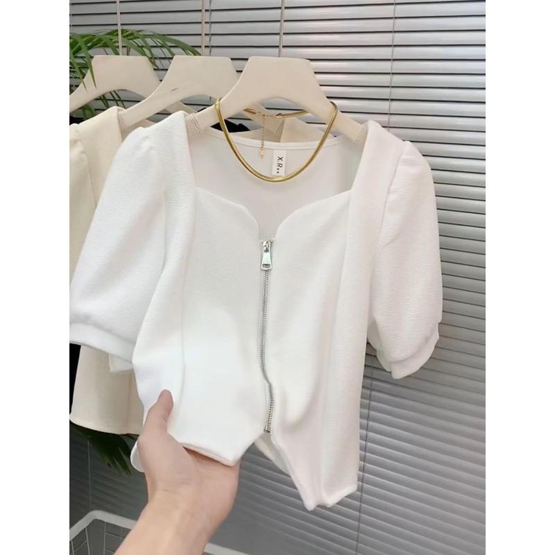 Áo Cardigan Cổ Vuông Tay Phồng Phối Khóa Kéo Phong Cách Pháp Thời Trang Mùa Hè Mới Cho Nữ