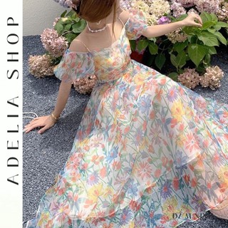 「ADELIA」Đầm Tiểu Thư Trễ Vai DH36 Dáng Xòe Chất Organza 2 Lớp Bồng Bềnh Họa Tiết Hoa Sặc Sỡ Thiết Kế Khoét Lưng