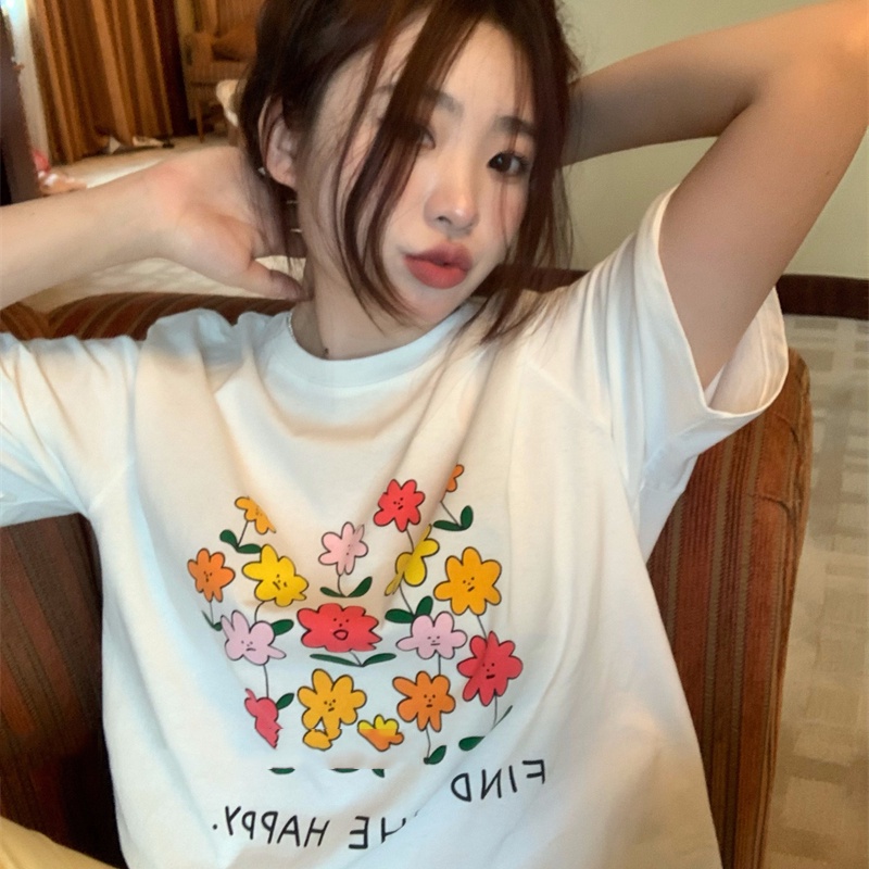 IELGY   Áo Thun Tay Ngắn In Hình Hoa Dễ Thương Dành Cho Nữ