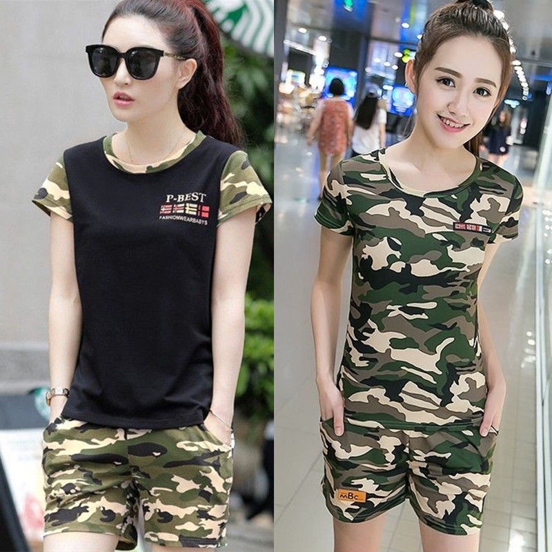 Bộ Đồ Thể Thao Áo Tay Ngắn Phối Quần Short Họa Tiết Rằn Ri Kiểu Hàn Quốc Thời Trang Mùa Hè Cho Nữ