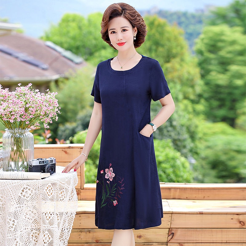 Váy ngắn tay mùa hè bằng cotton và vải lanh cho mẹ trung niên, quần áo phụ nữ trung niên và cao tuổi 40-50