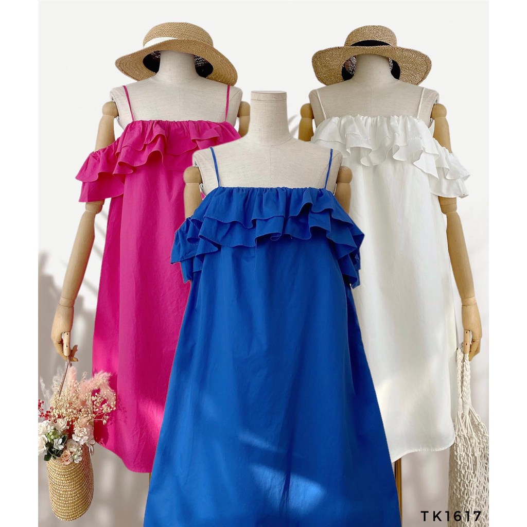 Đầm Babydoll Trễ Vai Nhún Bèo ĐI Biển / Dạo Phố Màu Trắng / Hồng / Xanh Coban