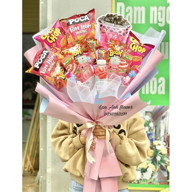 Bó hoa kẹo màu hồng tặng quà sinh nhật( Ảnh thật của shop)
