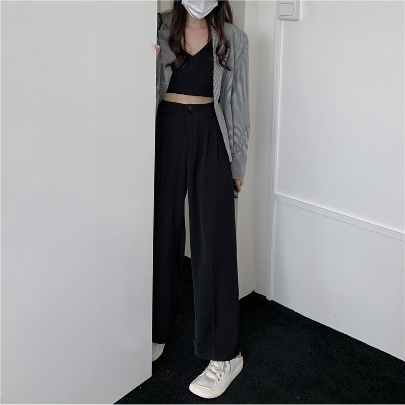 Quần Ống Rộng Lưng Cao Màu Cà Phê Phong Cách Hàn Quốc Thời Trang Dành Cho Nữ