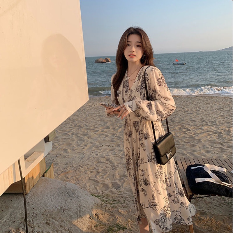Đầm MIDI Ôm Eo Cổ Chữ V In Họa Tiết Tranh Sơn Dầu Sơn Dầu Mới Dành Cho Bạn Nữ