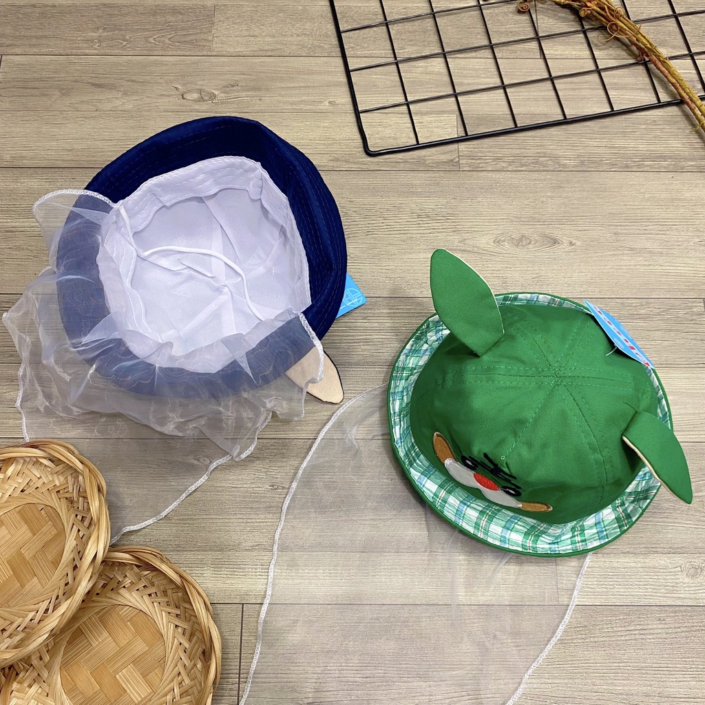 Nón tai bèo thêu hình cún có voan che bụi cho bé siêu cưng - NN31