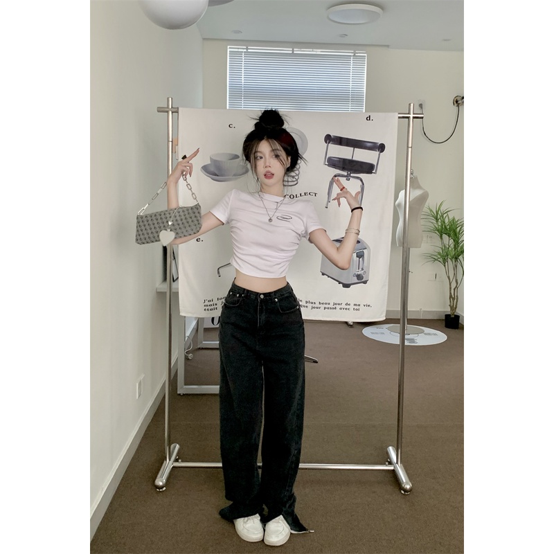 HUANG YOYO Áo Thun Crop Top Ngắn Tay Cổ Tròn Màu Trơn Thời Trang Hàn Quốc Gợi Cảm Cho Nữ