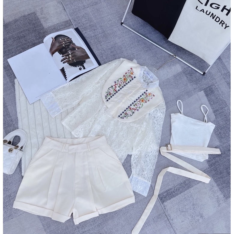SET ÁO REN HOA THÊU NỔI + SHORT NUDE