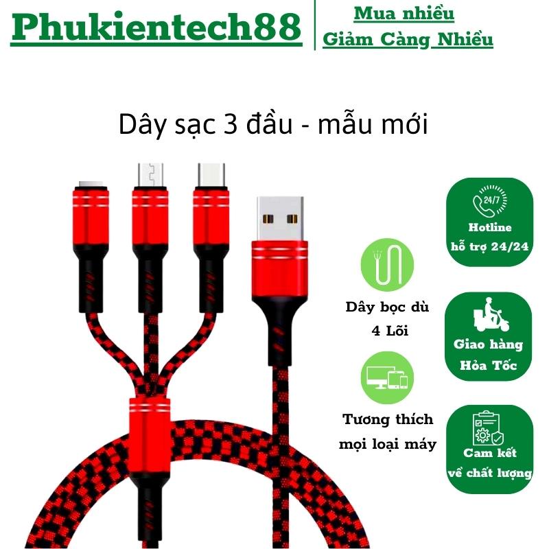 Dây Cáp Sạc 3 đầu bọc dù Dài 1,2M dùng cho tất cả các dòng máy