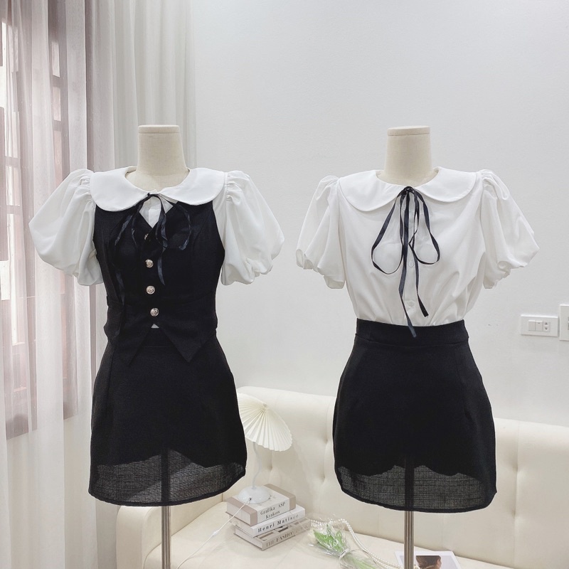 Set Váy 3 Món Gồm Áo Gile Mix Sơmi Trắng Kèm Chân Váy Dylei Có Ảnh Thật