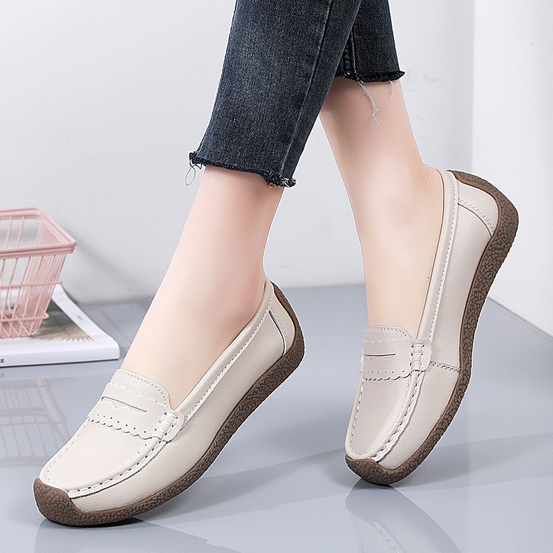 Giày Lười Da Bò Đế Bằng Thiết Kế Đơn Giản Thoải Mái Size 35-41 Thời Trang Cho Nữ