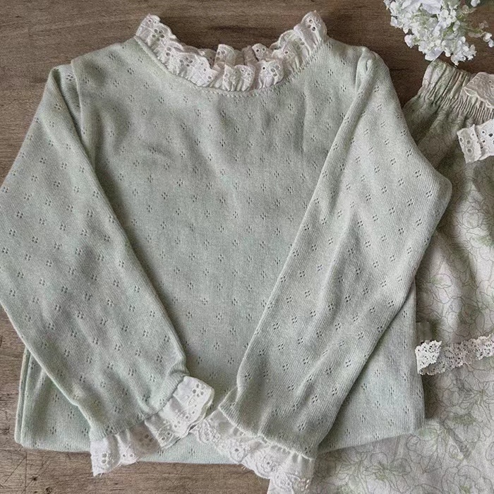 Áo Thun Dệt Kim Tay Dài Cổ Ren Màu Trơn Thời Trang Xuân Thu Dành Cho Bé Gái R165
