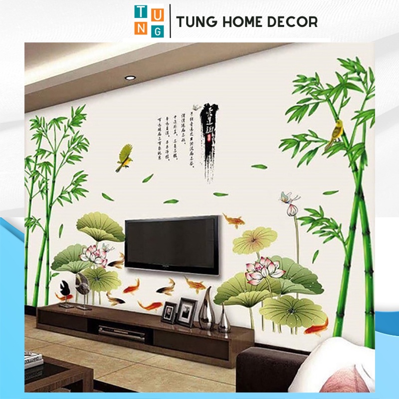 Decal dán tường hàn quốc trang trí phòng ngủ TUNG DECOR Trúc & Hồ Sen Khổ Lớn