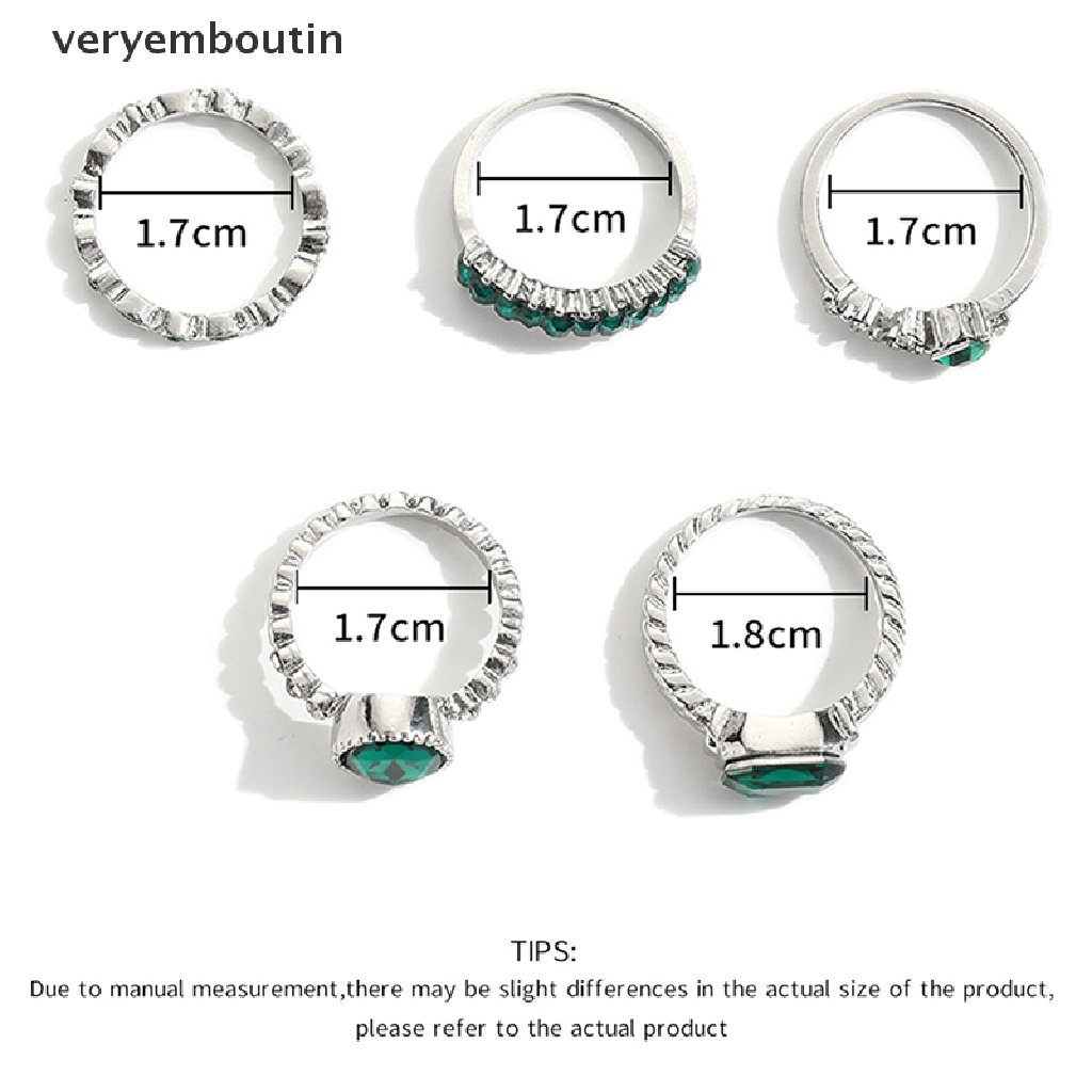 Set 5 Nhẫn Đính Đá Pha Lê Xanh Phong Cách Vintage Thời Trang Cho Nữ