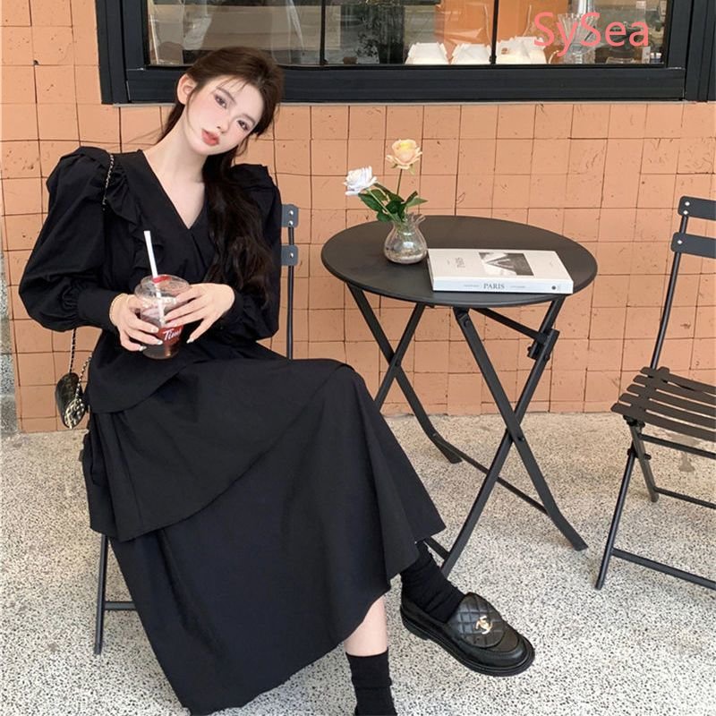 Đầm Tay Dài Cổ Chữ V Phối Bèo Phong Cách Pháp