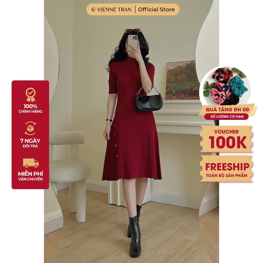 Đầm len tay lỡ nẹp khuy - Váy len dáng dài V63R21T007