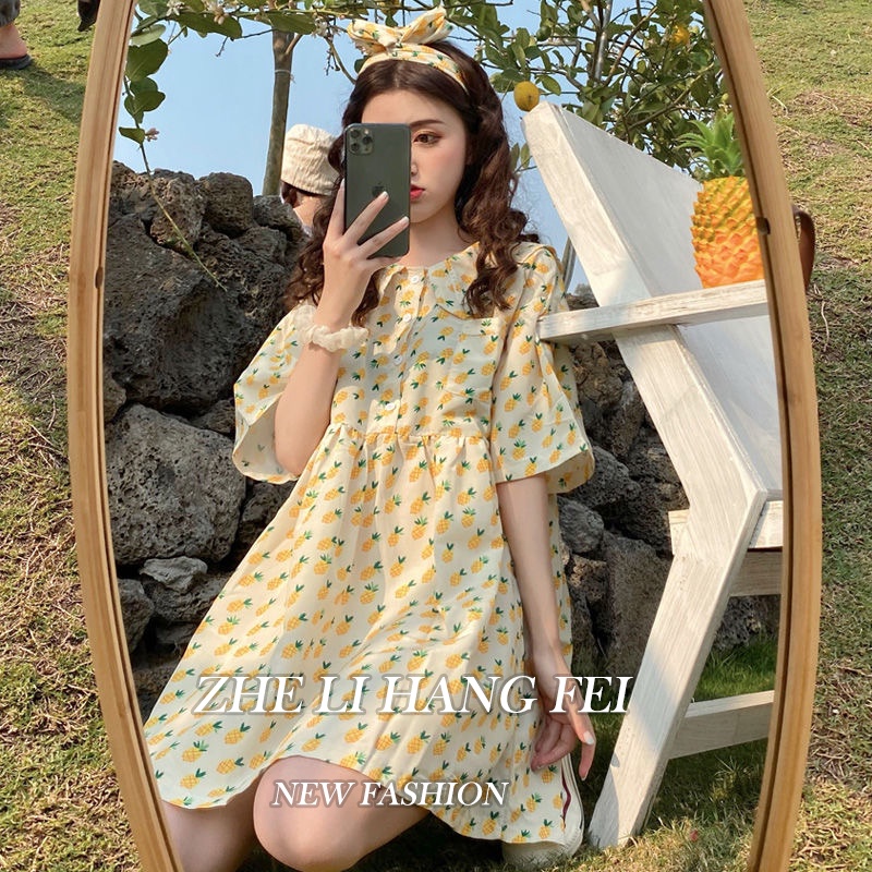 ZHELIHANGFEI Đầm Ngắn Cổ Thủy Thủ Dáng Rộng In Hình Quả Dứa Xinh Xắn