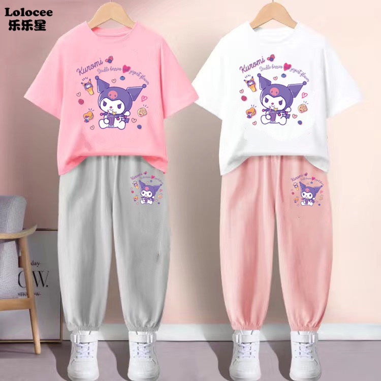 Bộ Đồ Thể Thao Hai Mảnh Áo Tay Ngắn In Hình Kuromi Thời Trang Mùa Hè 2023 Dành Cho Bé Gái
