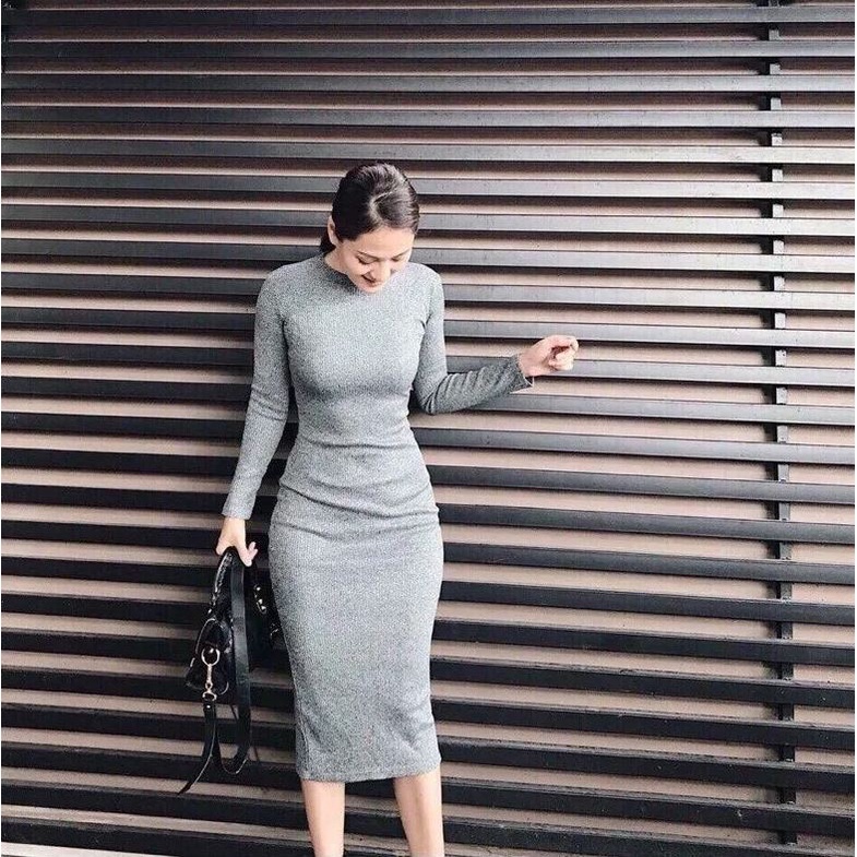 Váy body nữ Cố Tròn Dài Tay Hàng Đẹp Bán Cửa Hàng, Dài Qua Gối, Đầm Body nữ 4 màu siêu tôn da, hack dáng cực đẹp 4 màu