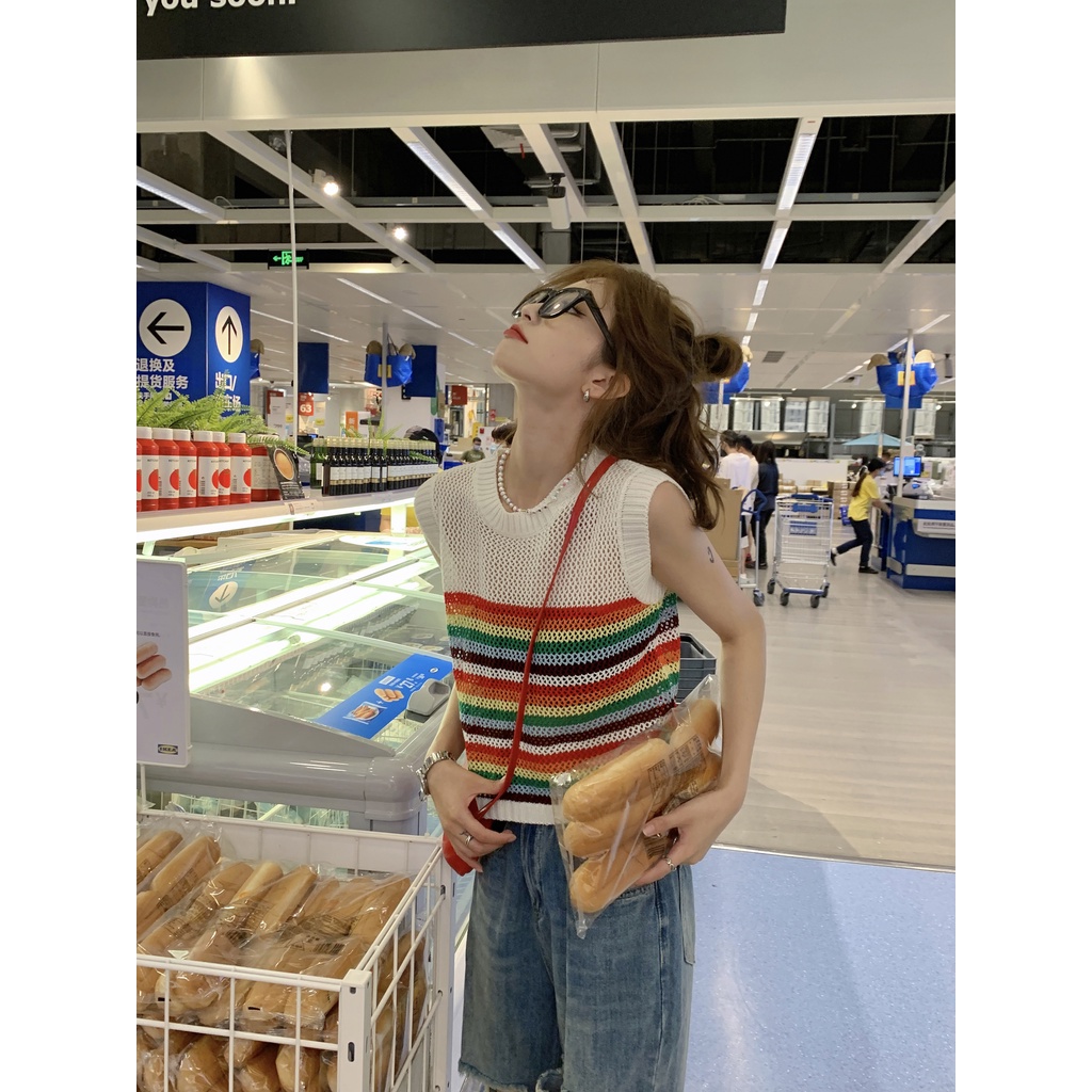 Áo croptop Dệt Kim Dáng Rộng Họa Tiết Kẻ Sọc Màu Cầu Vồng Thời Trang 2023 Cho Nữ