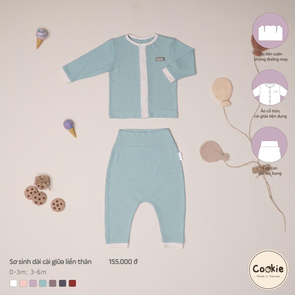Bộ quần áo dài tay Cookie sơ sinh cài vạt giữa 0-6 tháng ( form bé )