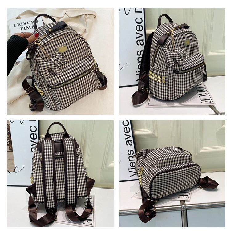 Ba Lô Da Kẻ Sọc Caro Đính Đinh Tán Thời Trang Cho Nữ