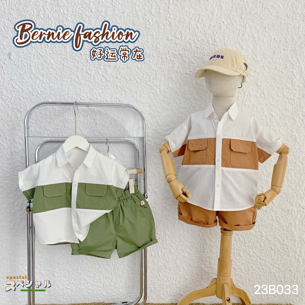 Bộ sơ mi túi thô phối ngực cộc tay Bernie cho bé trai