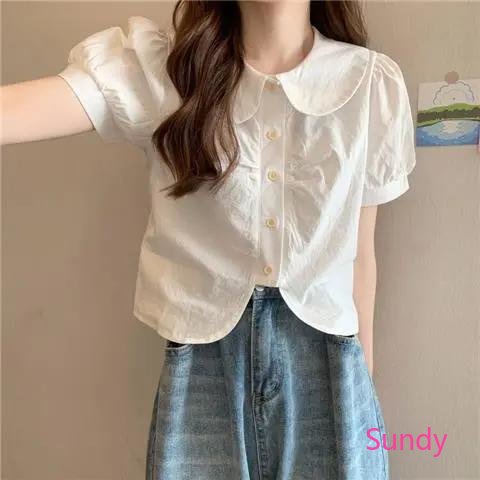 Plus Áo Sơ Mi Ngắn Tay Cổ Búp Bê Phong Cách Pháp Ngọt Ngào Thời Trang Xuân Hè Cho Nữ