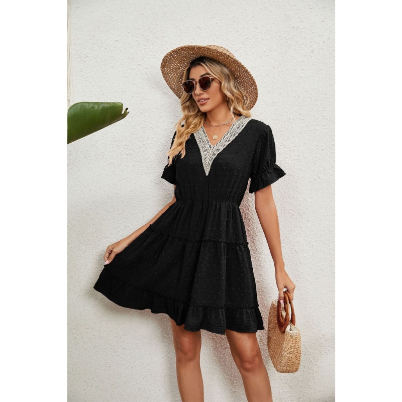 Xiangbao Đầm Mini Cổ Chữ V Lưng Cao Thời Trang Mùa Hè Giản Dị Dành Cho Nữ