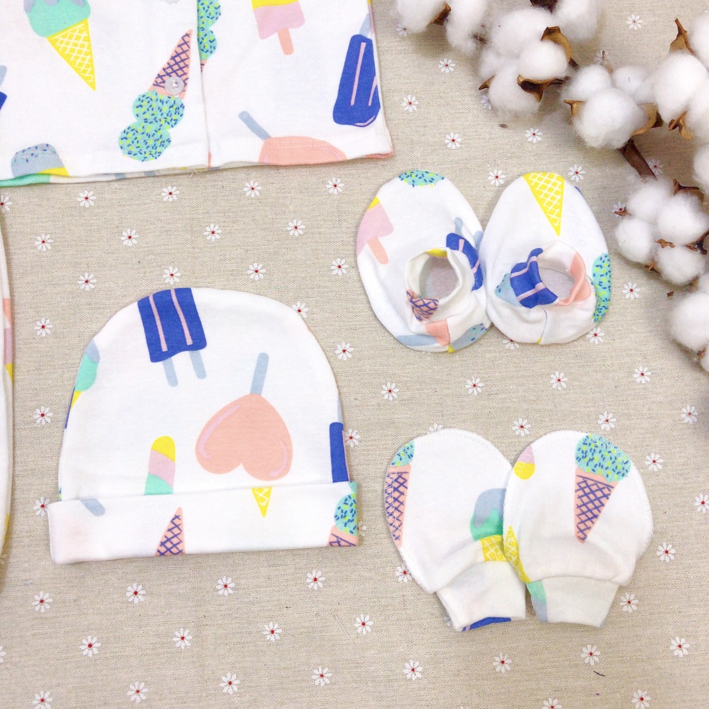 Set mũ, bao tay, tất chân cho bé sơ sinh thun cotton xuất xin - đẹp, giao màu ngẫu nhiên