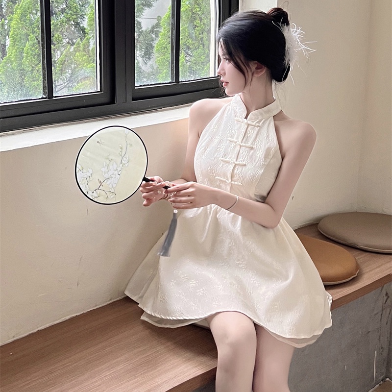 IELGY Đầm Trắng Không Tay Nhấn Eo Phong Cách retro Dành Cho Nữ