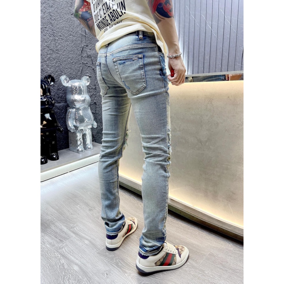 Quần Bò Amiri Mài Xanh Khói Gối Đỏ Quần Jeans Nam Slimfit Wash Amiri màu xanh loang chất co dãn 4 chiều | BigBuy360 - bigbuy360.vn