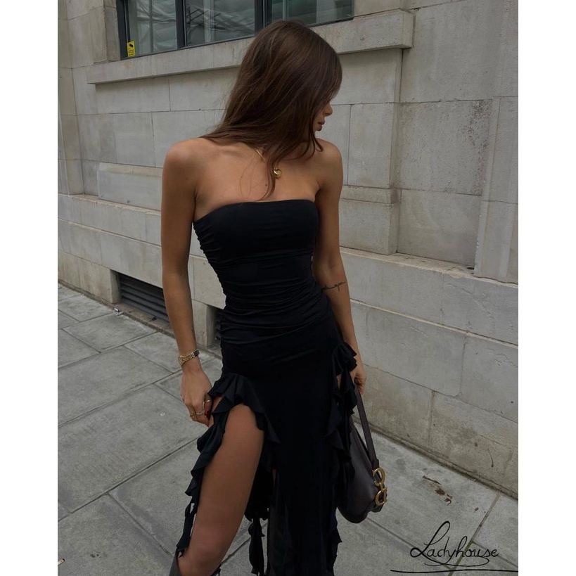 Đầm Dài Không Tay Hở Vai Màu Sắc Trơn Dành Cho Nữ