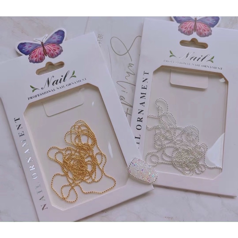 Túi Phụ kiện dây bi 100cm trang trí móng tay nail màu VÀNG & BẠC dây bi tròn và bi bầu dục size bé