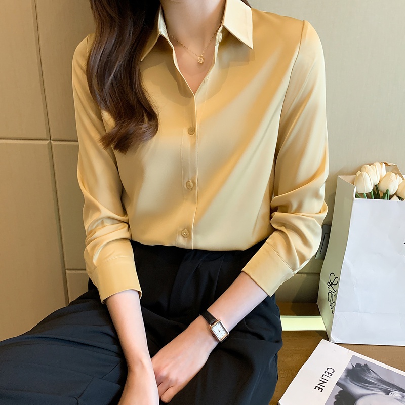 Áo Sơ Mi Vải Satin Tay Dài Màu Trơn Thời Trang Công Sở Dành Cho Nữ