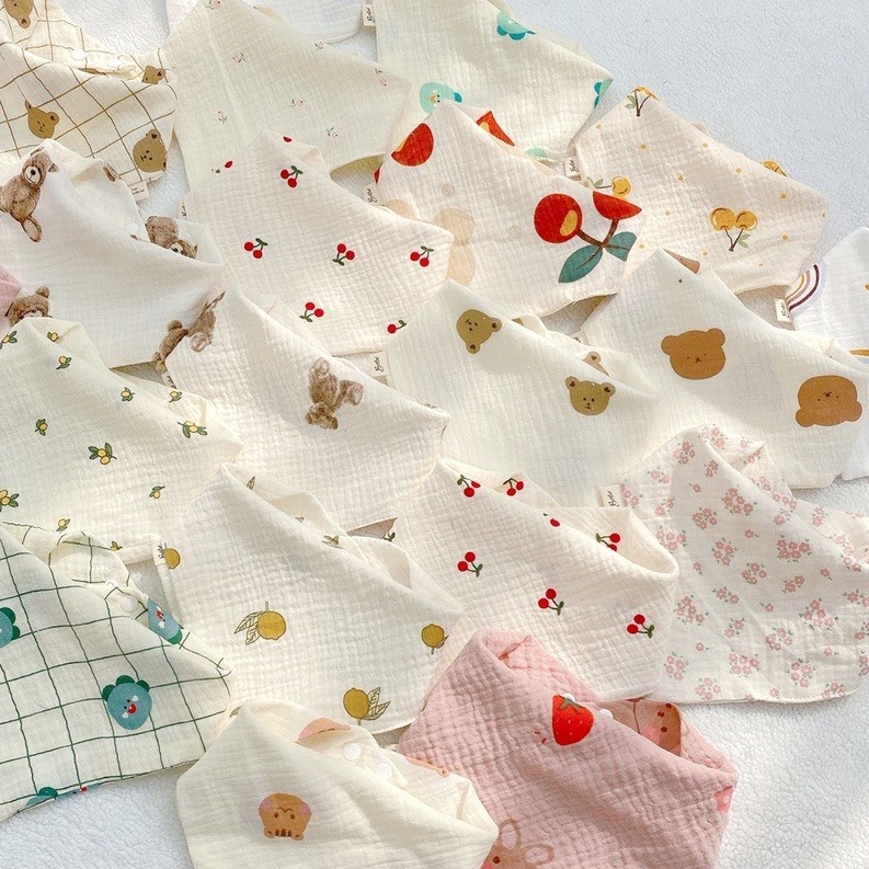 Set 2 yếm trẻ em tam giác xô nhăn Muslin Organic cao cấp Bunny cho bé