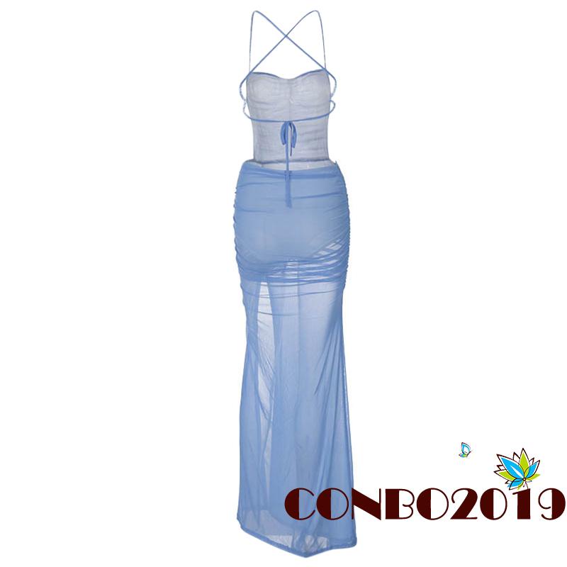 Hgm-đầm Dài Hai Dây Hở Lưng Xẻ Tà Phối Ren Dành Cho Nữ Đi Tiệc Cocktail