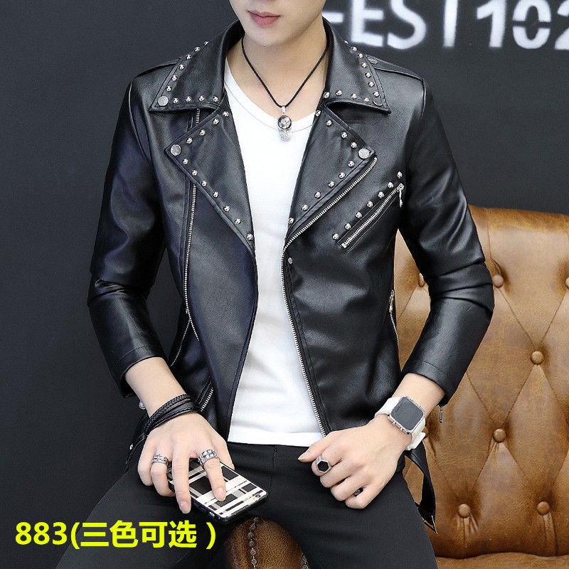 Áo Khoác Da Dáng Ôm Đính Đinh Tán Phong Cách Hàn Quốc Thời Trang Xuân Thu Cho Nam