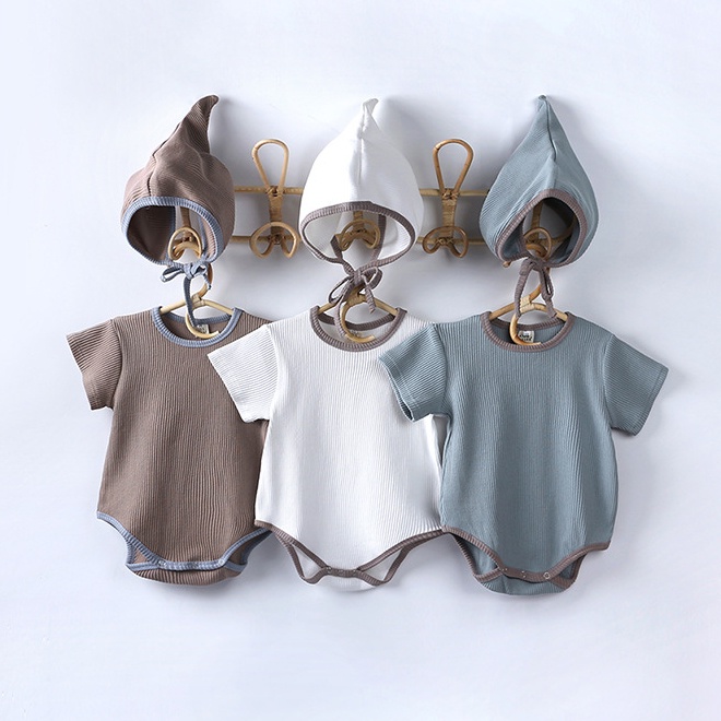 Bộ Áo Liền Quần Tam Giác Tay Ngắn Màu Trơn + Mũ Tháo Rời Được Phong Cách Âu Mỹ Thời Trang Cho Bé 0-12 Tháng Tuổi Mới