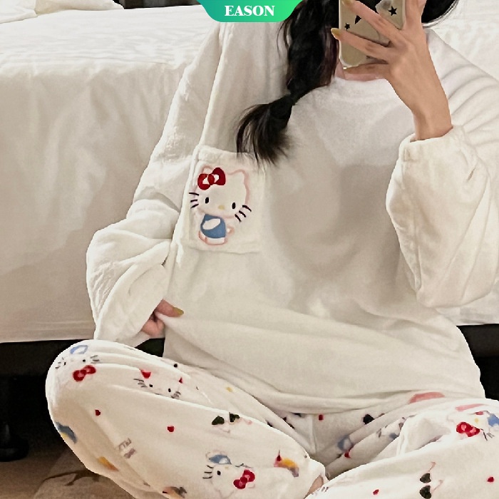 Bộ Đồ Ngủ Tay Dài Dày Dặn Ấm Áp In Hình Sanrio Hello Kitty Kuromi Thời Trang Thu Đông 2023