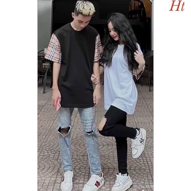 Áo thun nam nữ ngắn tay phối kẻ bbr unisex ht