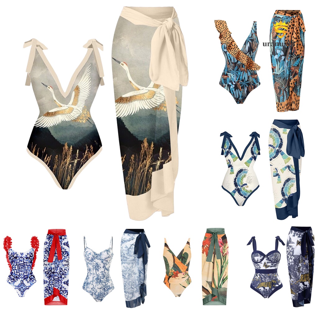 1 Set Đầm Dài Và Áo Khoác Một Dây Polyester In Họa Tiết Cổ Điển Cho Nữ Đi Biển / Lướt Sóng